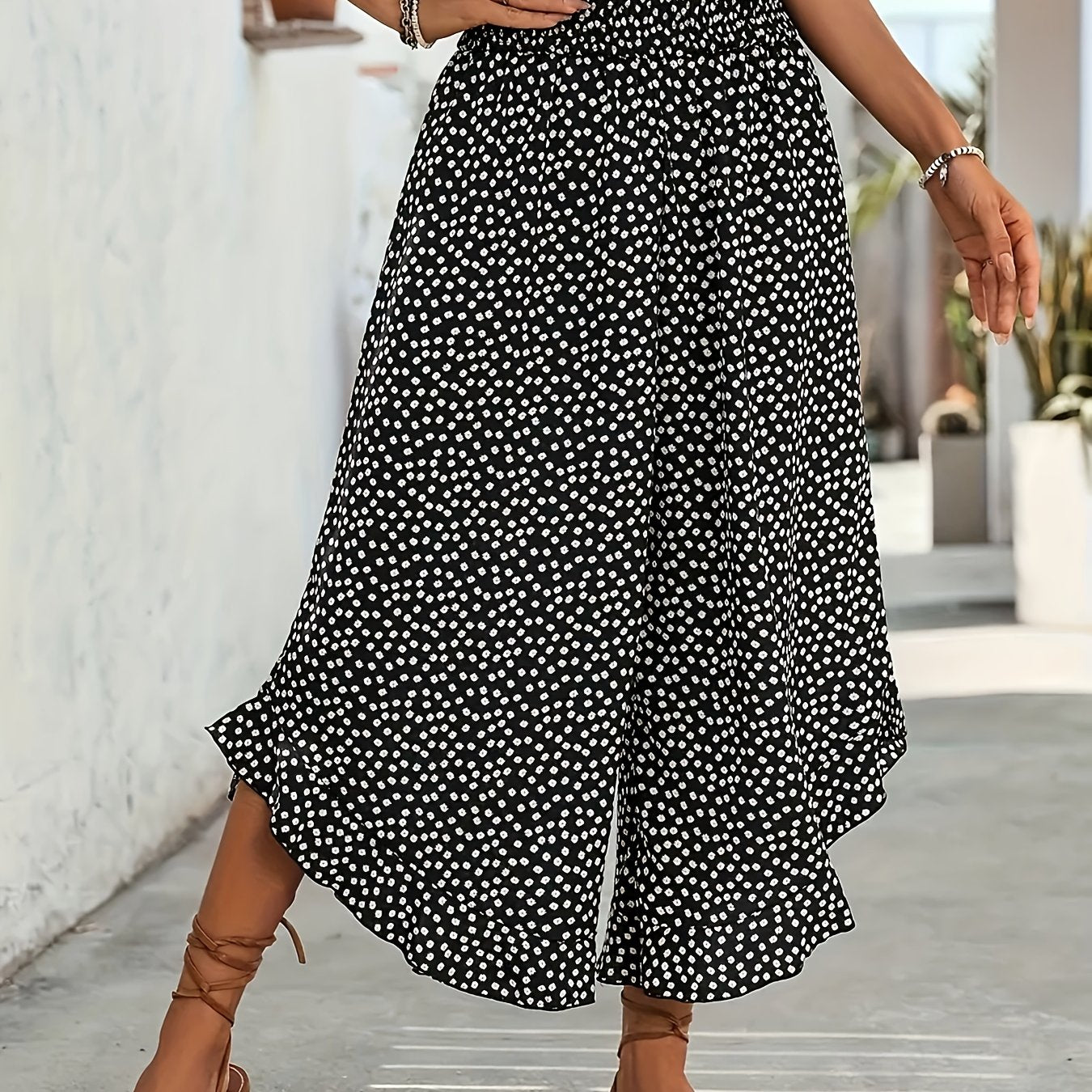 Women’s Summer Black Floral Wide-Leg Palazzo Pants Ruffle Detail Casual