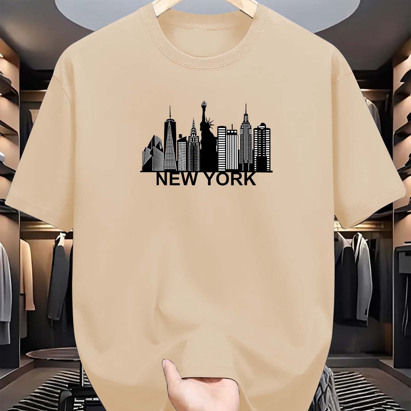 Camiseta gráfica de manga corta con cuello redondo para hombre en azul claro con skyline de NYC, verano casual, poliéster