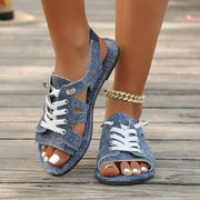 Women's Bohemian Flat Sandals Light Blue Open-Toe Lace-Up Casual Sandals