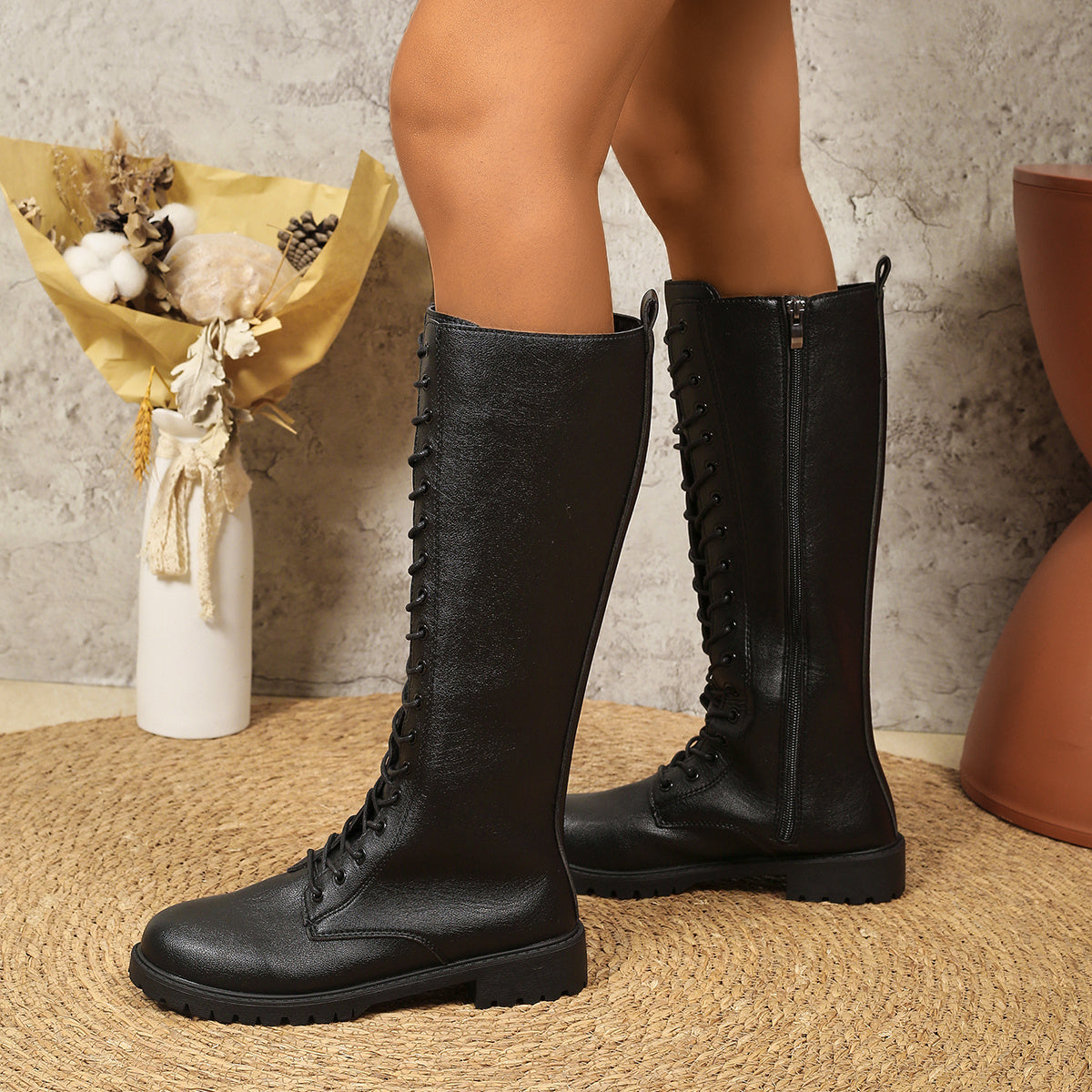 Women's Casual Long Leather Zipper Boots Fashionable Versatile All-Day Wear