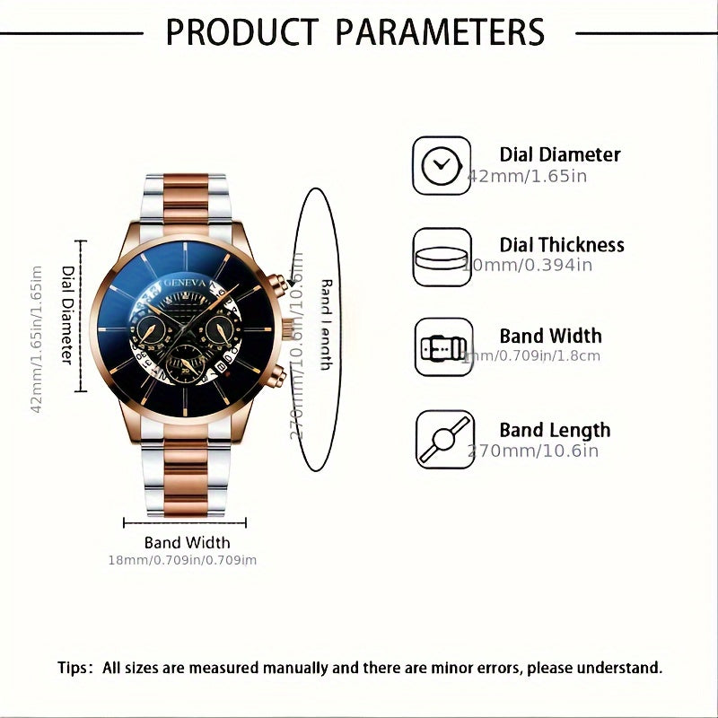 Men's Quartz Watch Stainless Steel Band Calendar Feature