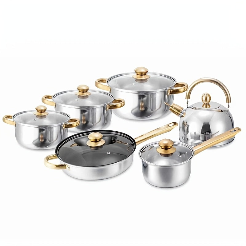 Stainless Steel Cookware Set 12-Piece Non-Stick Pots Pans Induction Glass Lid