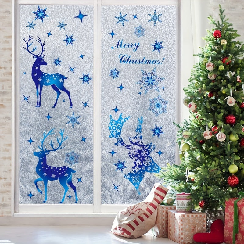 Christmas Window Decorations Set 5 Pieces Blue Snowflake and Deer Stickers Removable