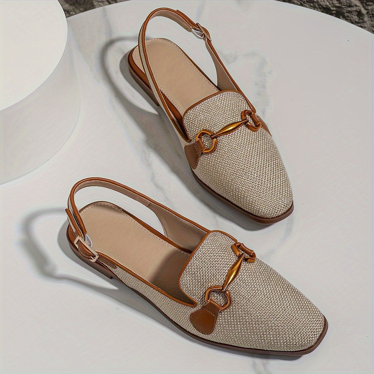 Women's Brown Linen Square Toe Summer Sandals with Metal Buckle