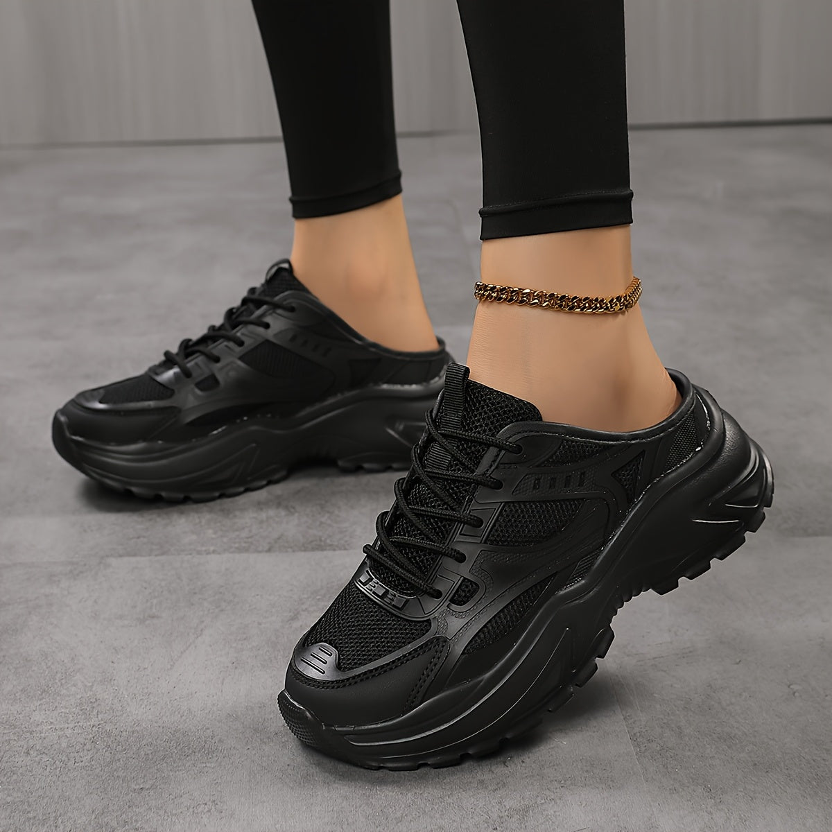 Women’s Chunky Sneakers Breathable Mesh PVC Low Top Lace-Up Shoes