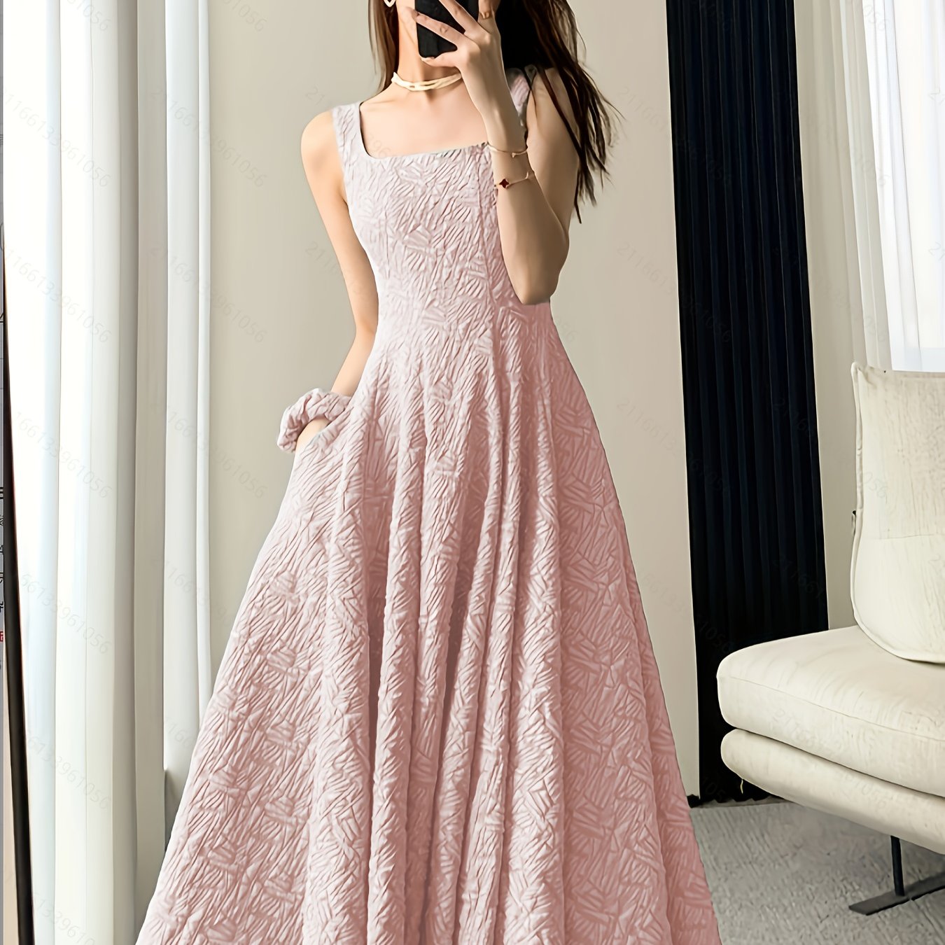 Adult Jacquard Square Neck Flared Dress Solid Polyester Spring Summer