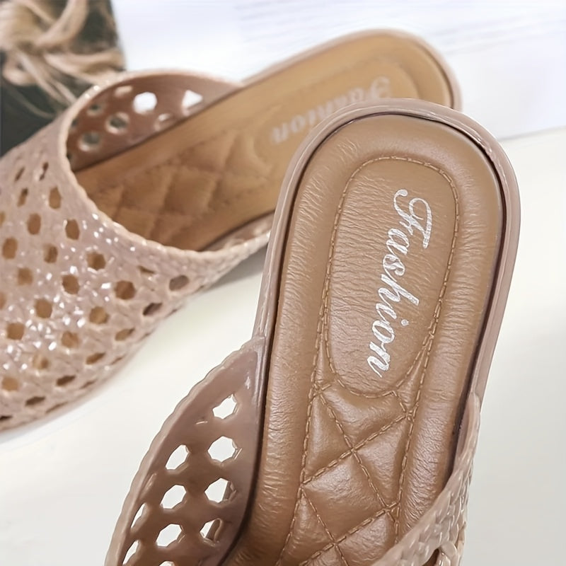 Ayollar uchun yozgi ochiq barmoqli, tekis poyabzal, bej rang, sirpanmaydigan rezina