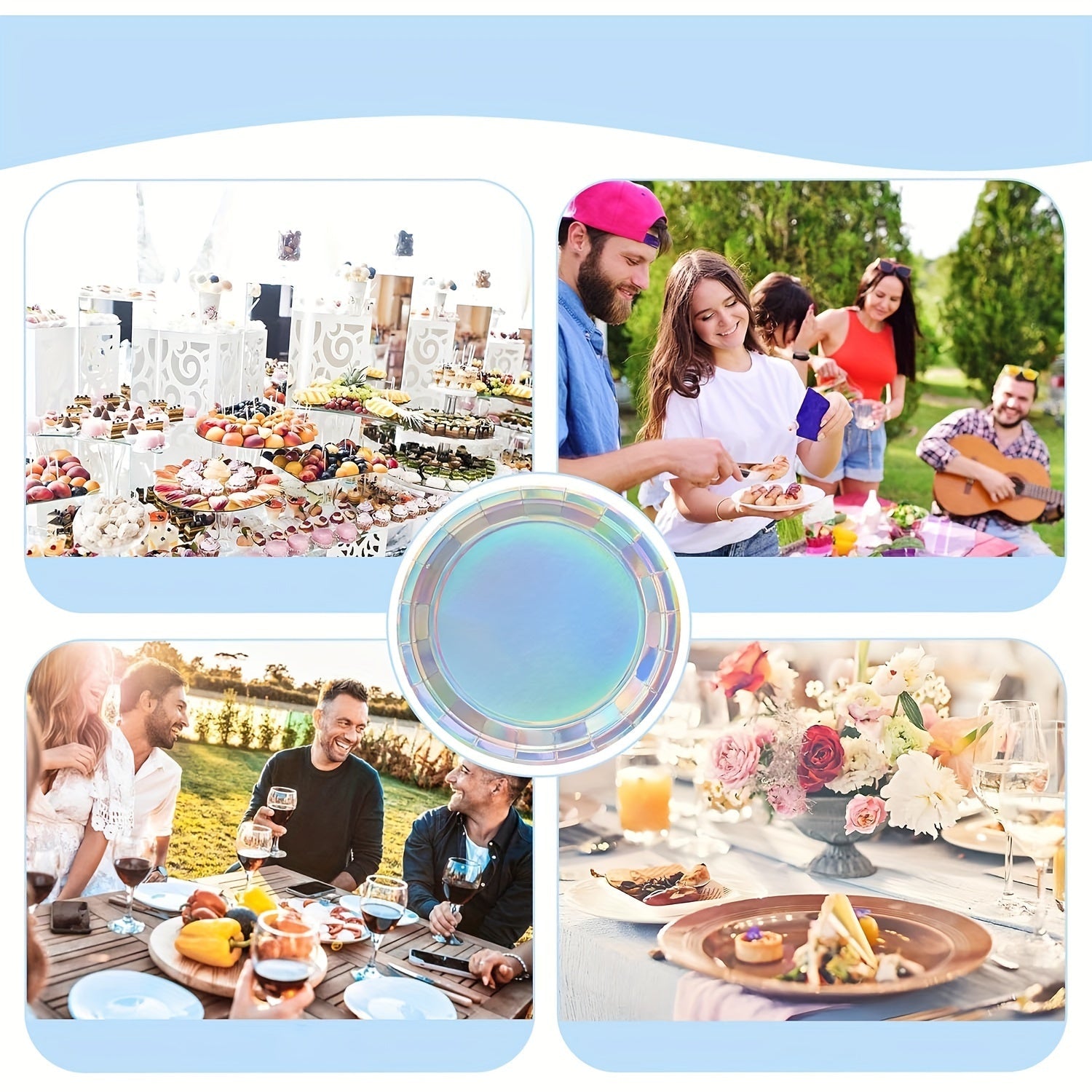 Set of 10/30 Rainbow Holographic Disposable Plates 17.78cm Round Party Dinnerware