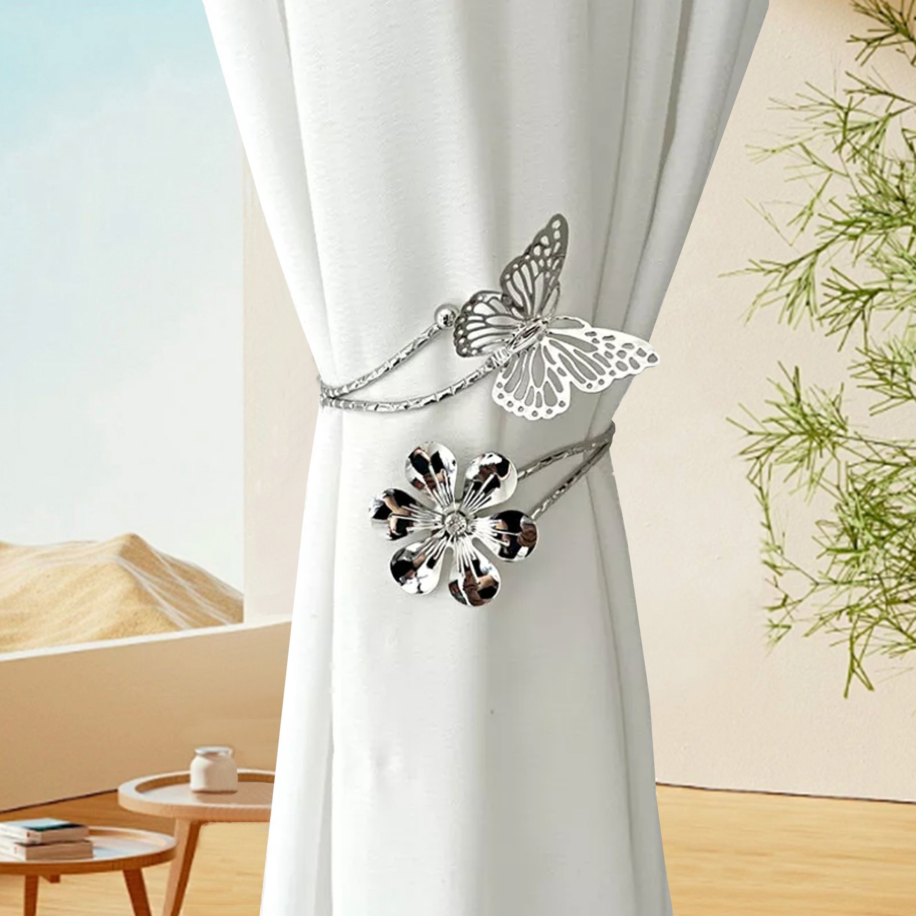 Modern Minimalist Curtain Tiebacks with Butterfly and Flower Design, Adjustable, Easy Install