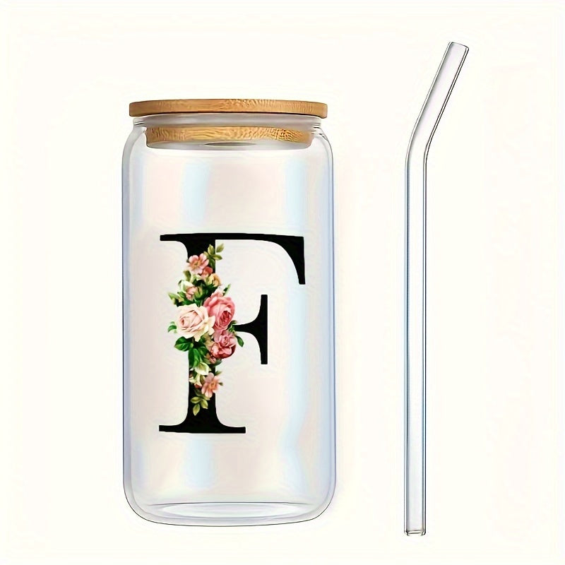 Flowers Drinking Glass with Bamboo Lid and Straw 16oz Coffee Mug for Women Girls