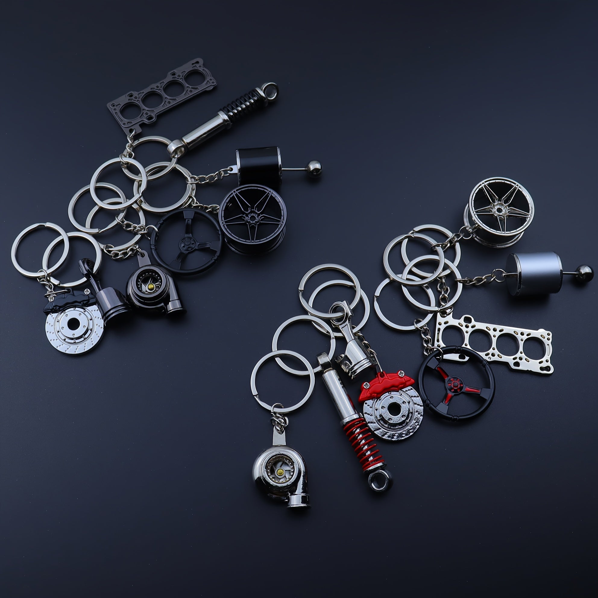 Car Enthusiast Keychain Set - 8 Black Zinc Alloy Engine Component Keychains