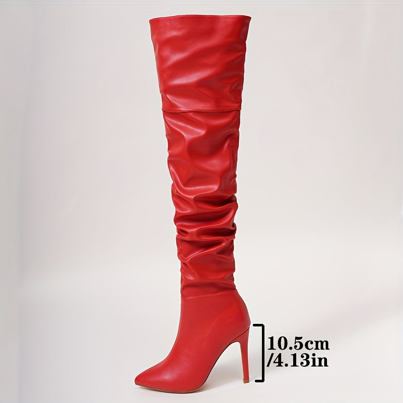 Women's Red Pointed Toe Over-the-Knee Stiletto Heeled Motorcycle Boots