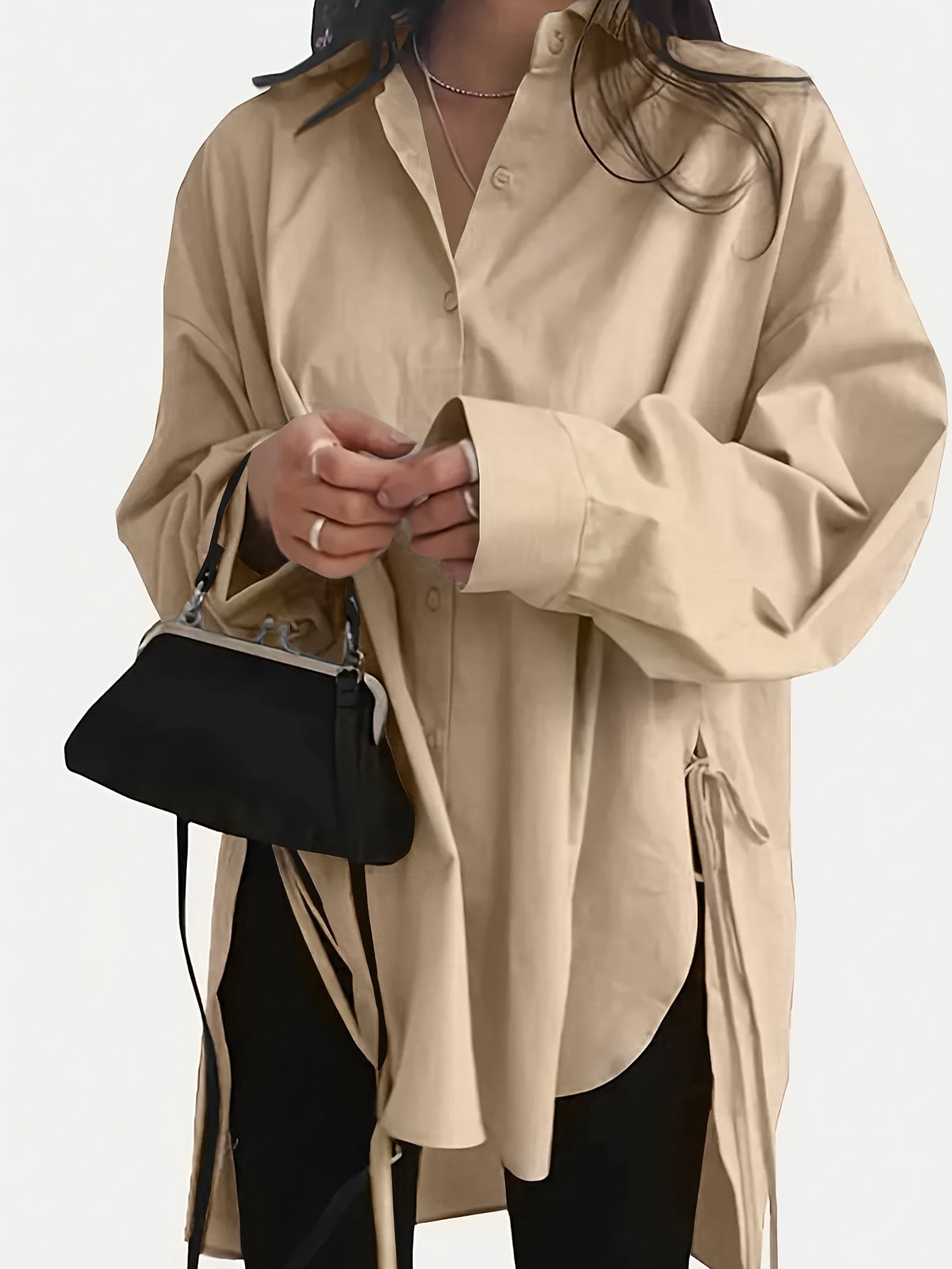 Women's Polyester Long Sleeve Drop Shoulder Shirt Beige Casual Fall Winter
