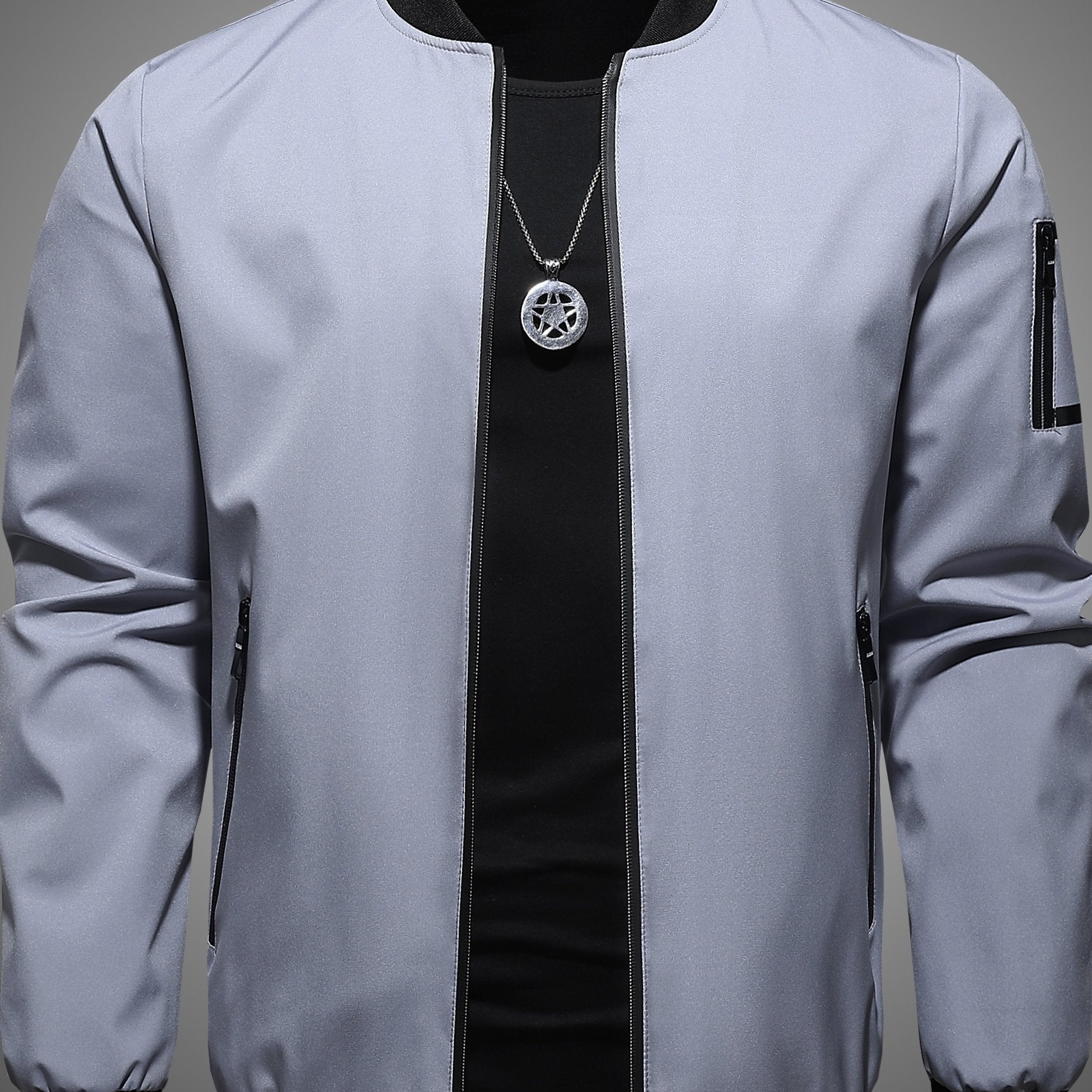 Erkaklar uchun zamonaviy kulrang va qora rangli blok-jaketi, beysbol yaka bilan. Yengil polyester, kuz uchun zip-up tashqi kiyim.