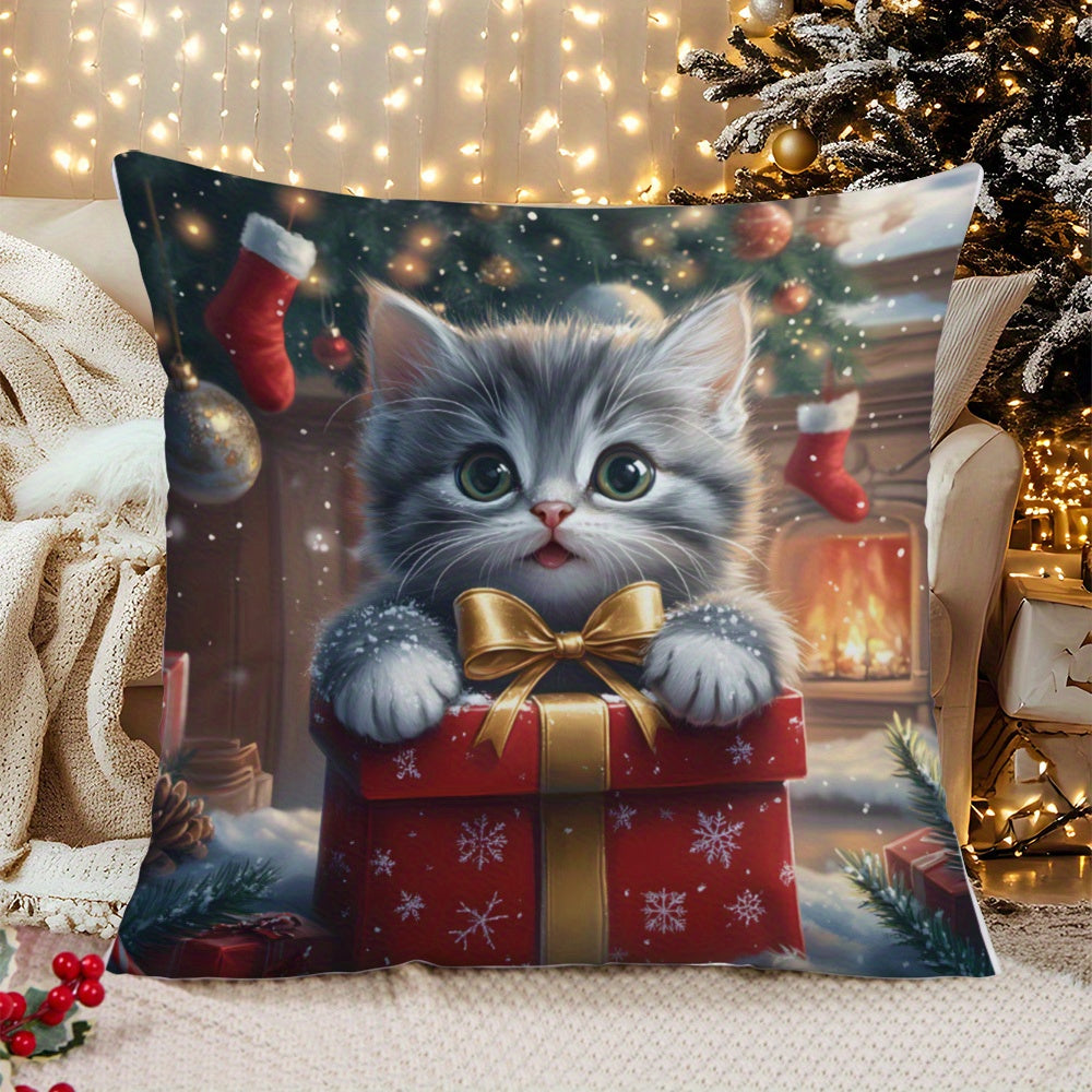 Festive Christmas Kitten Throw Pillow Cover Short Plush Polyester Decorative Cushion for Sofa Bed Car