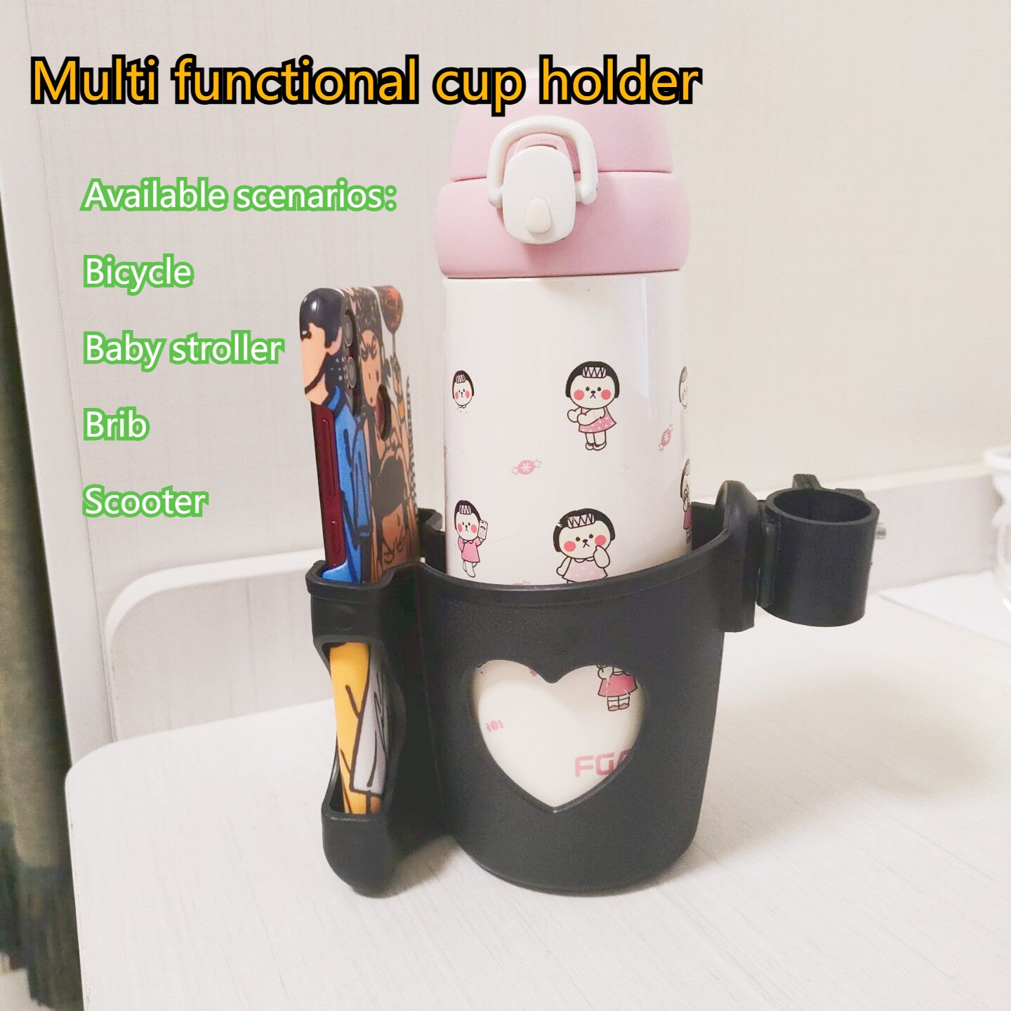 Stroller Cup Holder with Phone Clamp Durable PC Universal Fit for Bicycles and Strollers