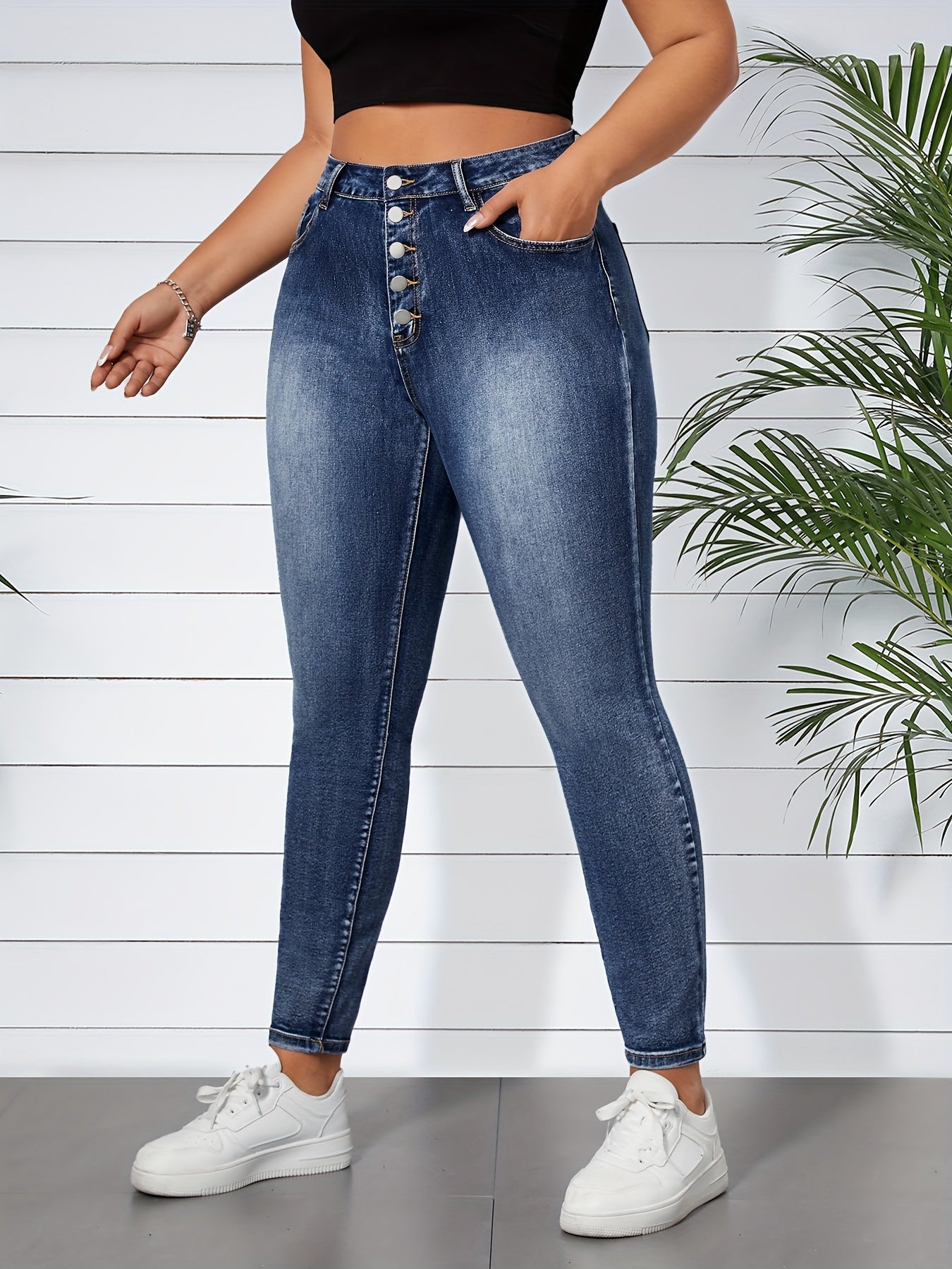 Women's High-Waisted Blue Denim Jeans with Button Fly Streetwear Style