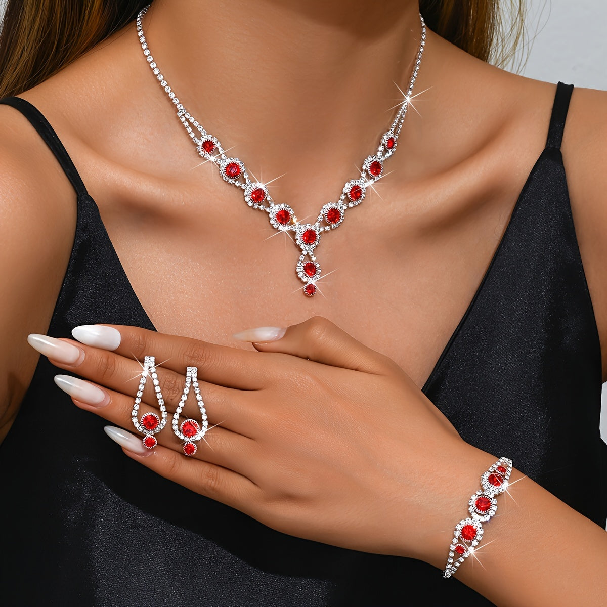 Silver Plated Copper Jewelry Set with Blue and Black Rhinestones Necklace Earrings Bracelet for Parties Weddings