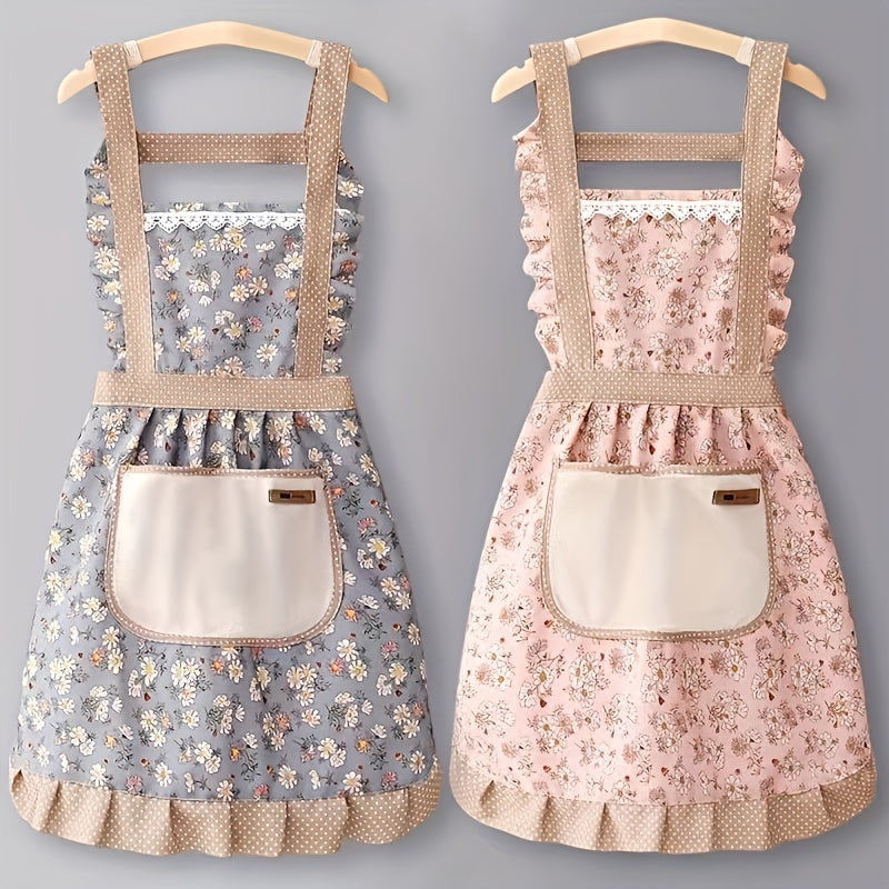 Floral Lace Apron with Hand Wipe Pocket for Kitchen Cleaning