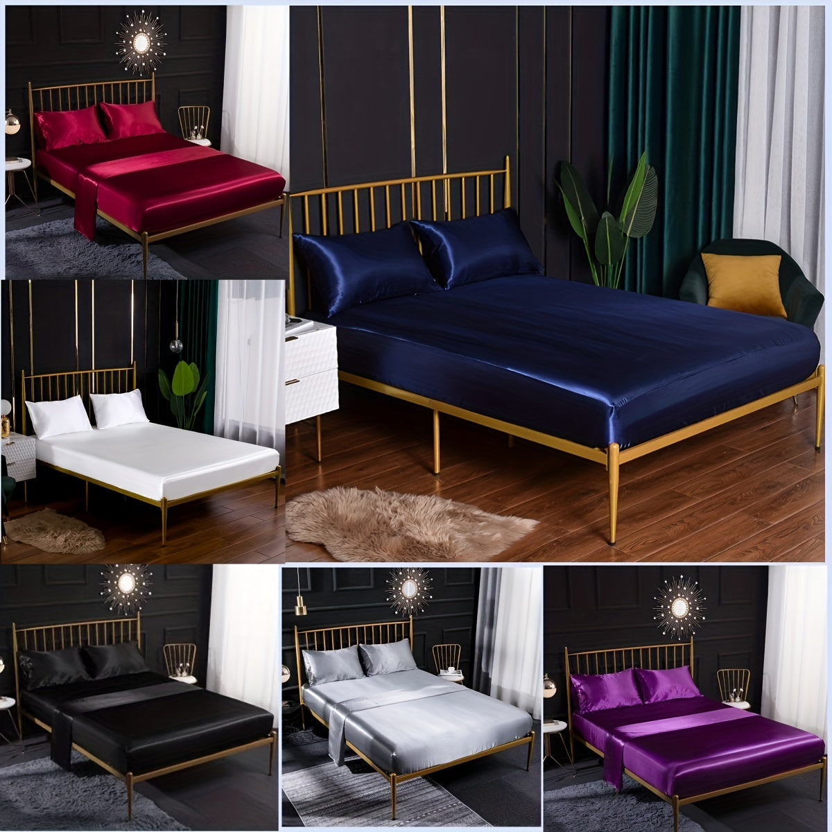 Satin Bedding Set 3 or 4 Pieces Solid Color Fitted Sheet Pillowcases for Bedroom