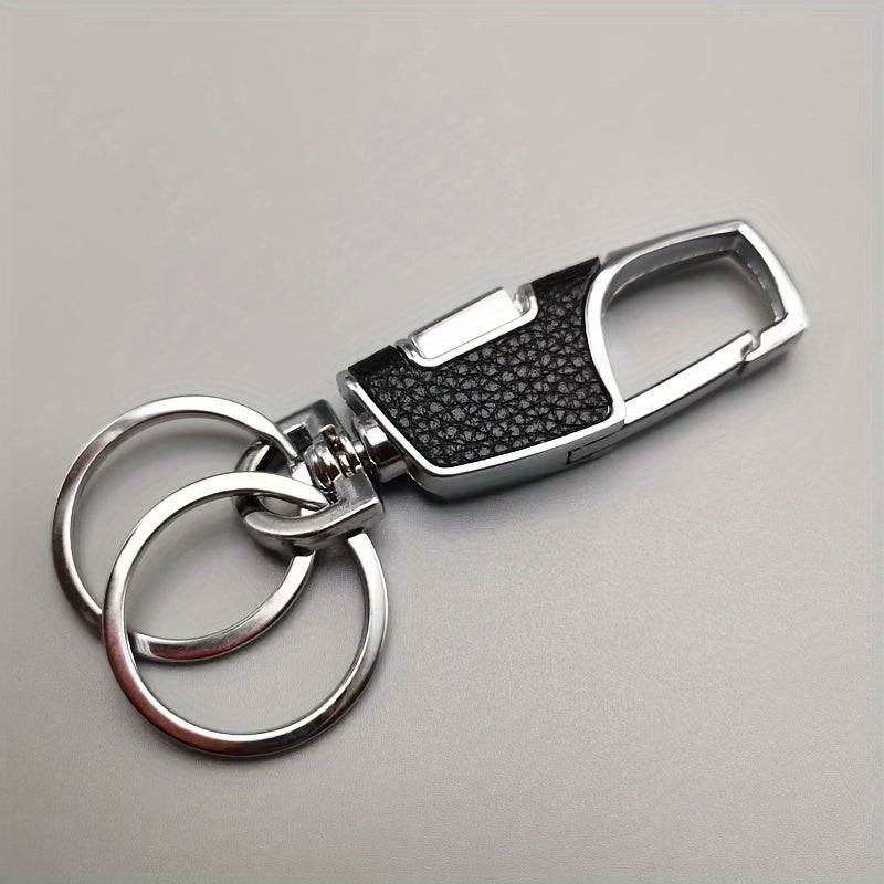 Men Metal Car Keychain with One-Touch Opening and Leather Key Ring