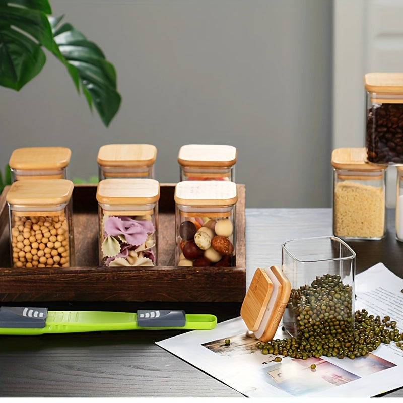 10-Piece Square Glass Spice Jars Set with Airtight Bamboo Lids and Measuring Spoons