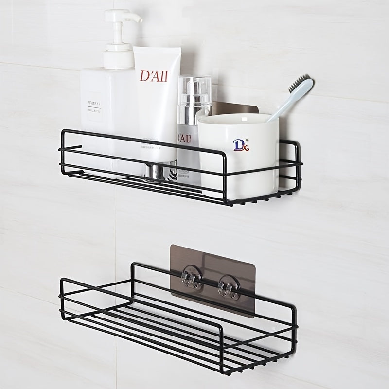 Black Metal Corner Shelf with Hooks Waterproof Adhesive Mount Bathroom Organizer
