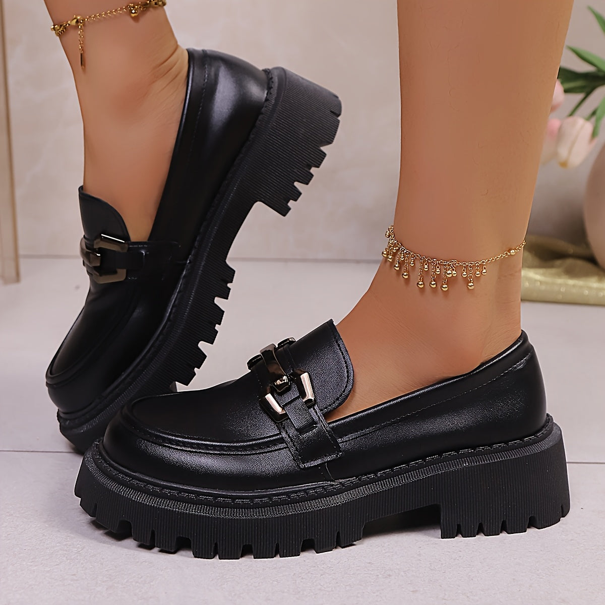 Women's Chunky Platform Loafers with Metal Chain Buckle Casual Slip-On Shoes