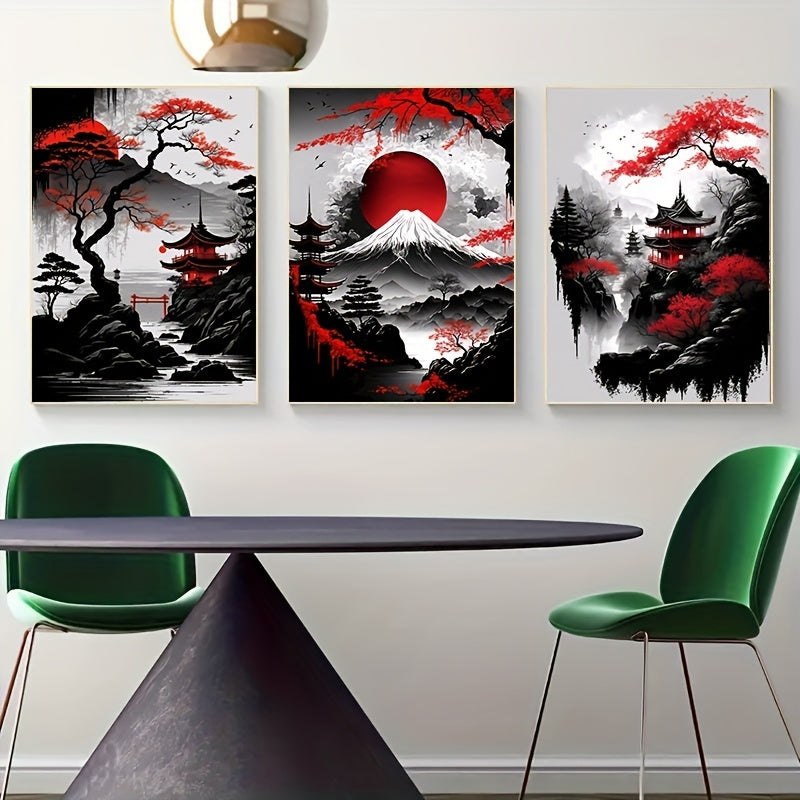 Set of 3 Japanese Landscape Canvas Wall Art Prints Black Red Vintage Ink Posters for Home Decor