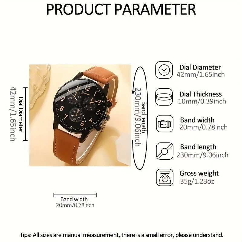 Men's Brown Faux Leather Quartz Watch and Bracelet Set with Date Display Not Waterproof Gift for Valentine's Day Easter Ramadan Eid Al-Adha