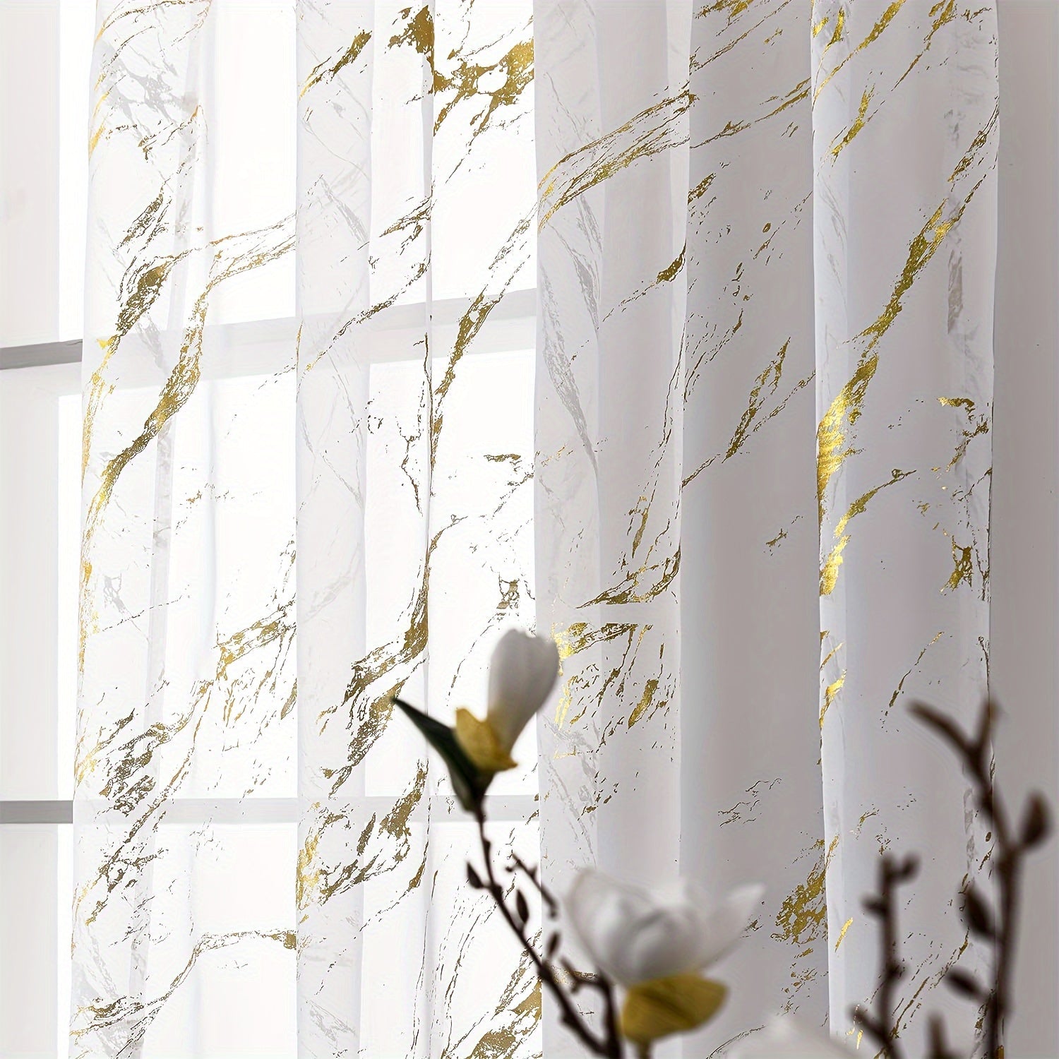 Sheer Curtains with Marble Pattern for Living Room Bedroom Office Windows