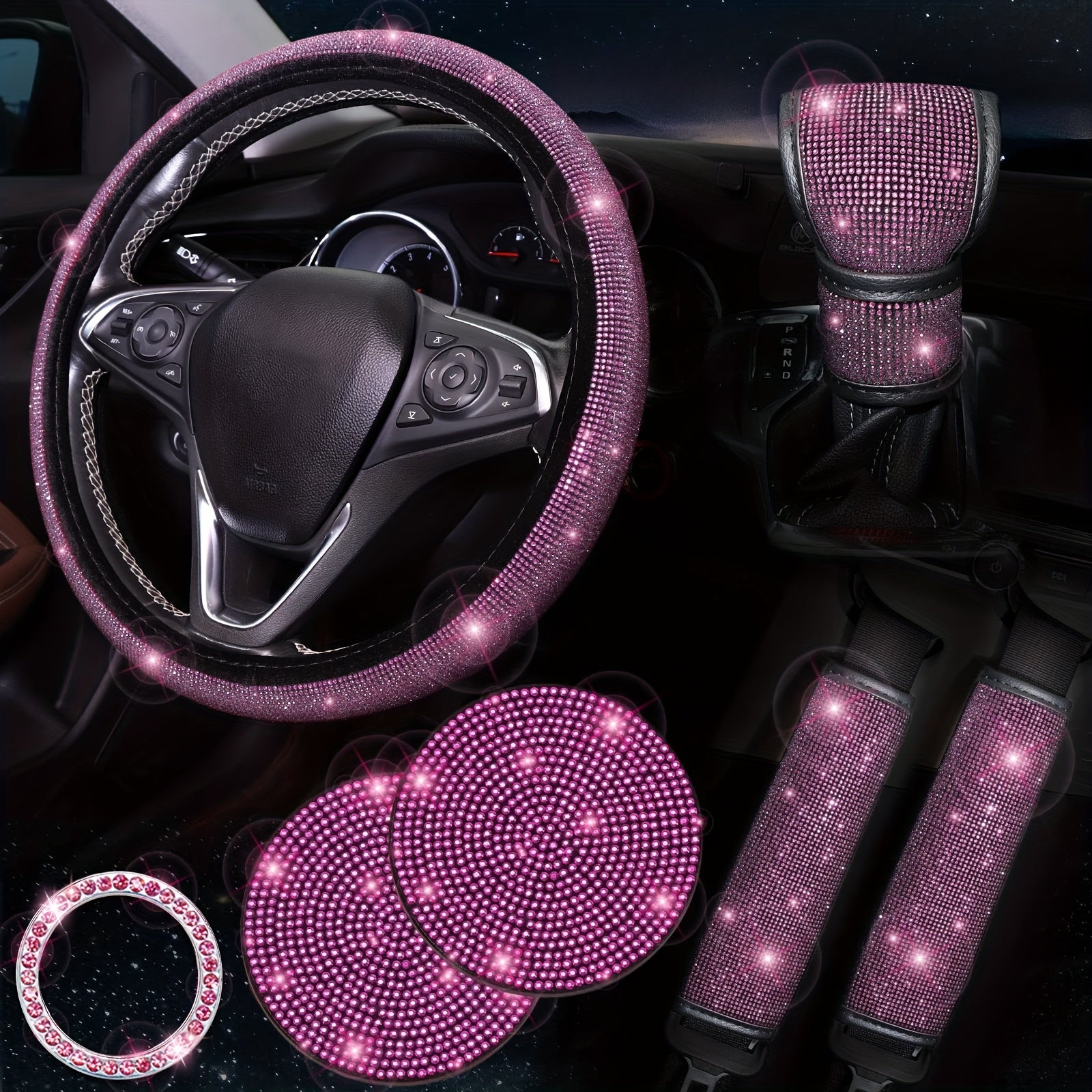 Juego de accesorios de coche con brillo para mujer: cubierta de volante, posavasos, protectores de cinturón, almohadillas para el hombro y cubierta de palanca de cambios