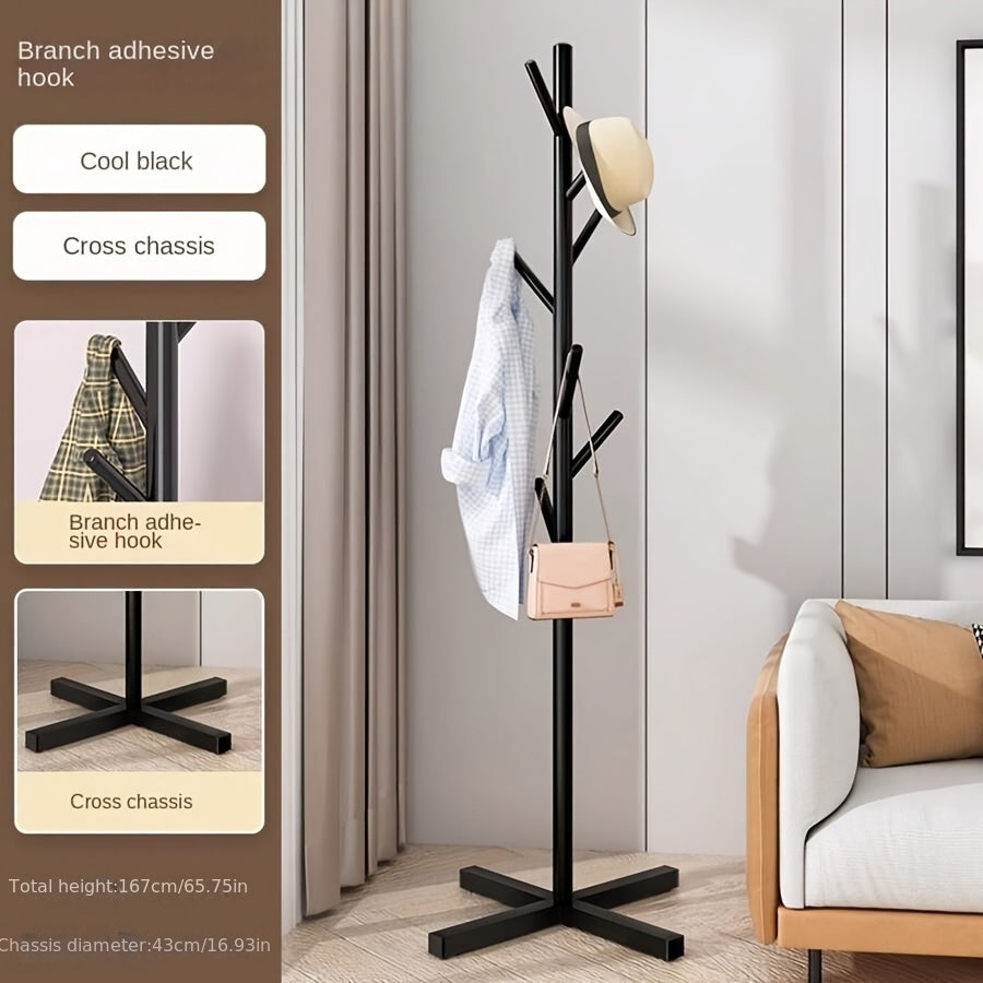 Black Iron Freestanding Coat Rack with Cross Chassis and Adjustable Pole