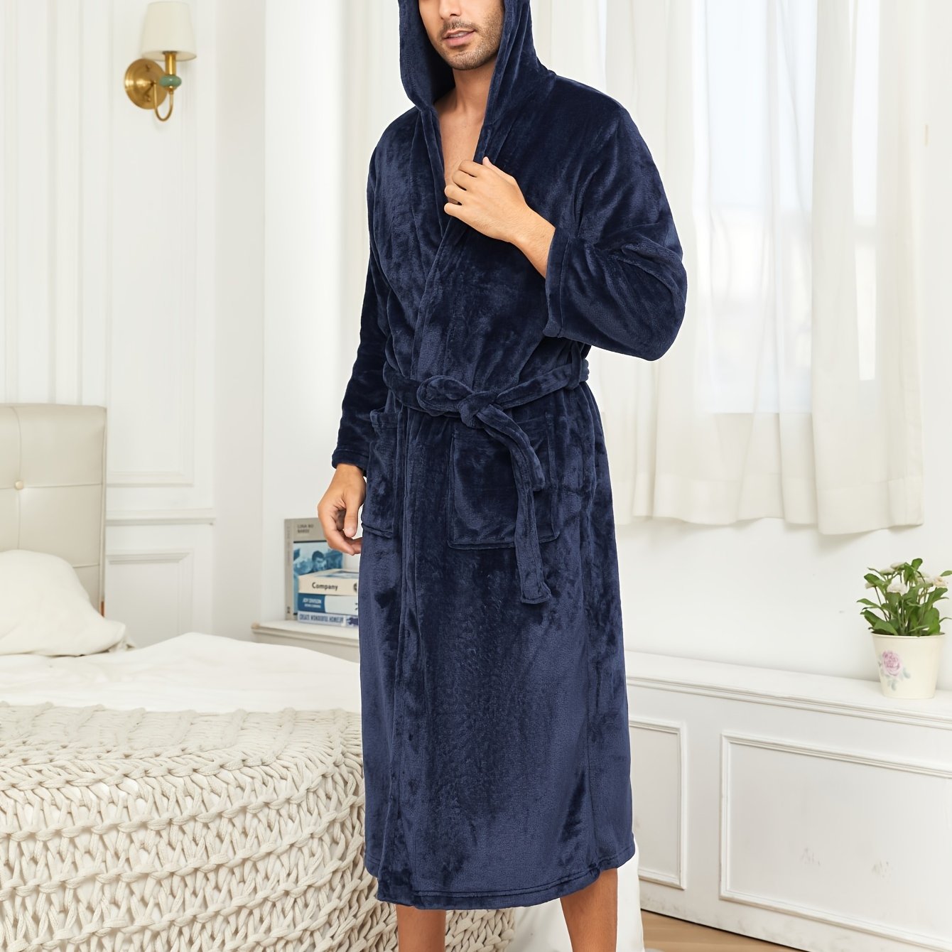 Men's Green Plush Fleece Hooded Bathrobe with Pockets and Tie Belt for Fall Winter
