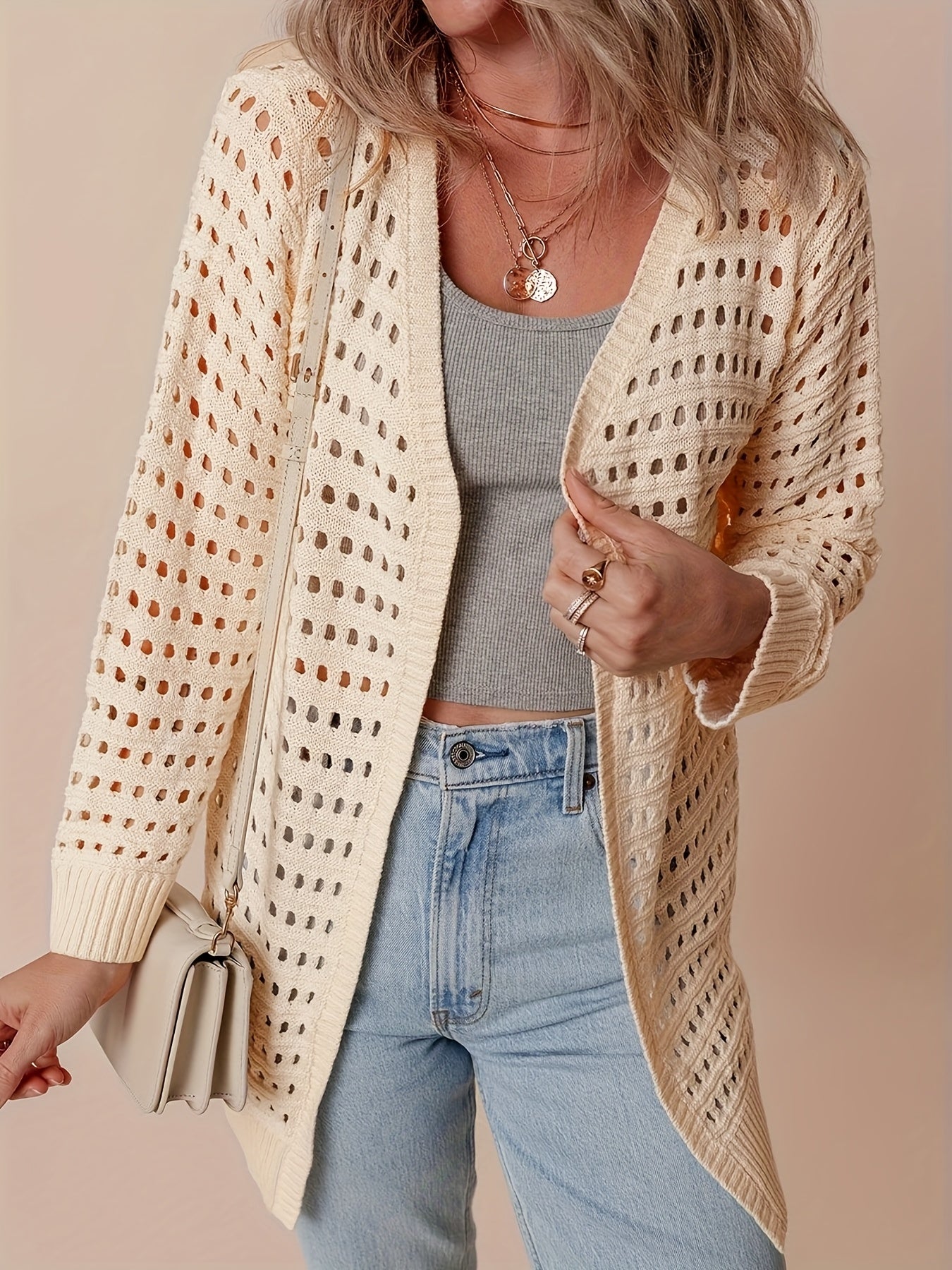 Women's Plus Size Beige Long Sleeve Hollow Out Beach Cardigan