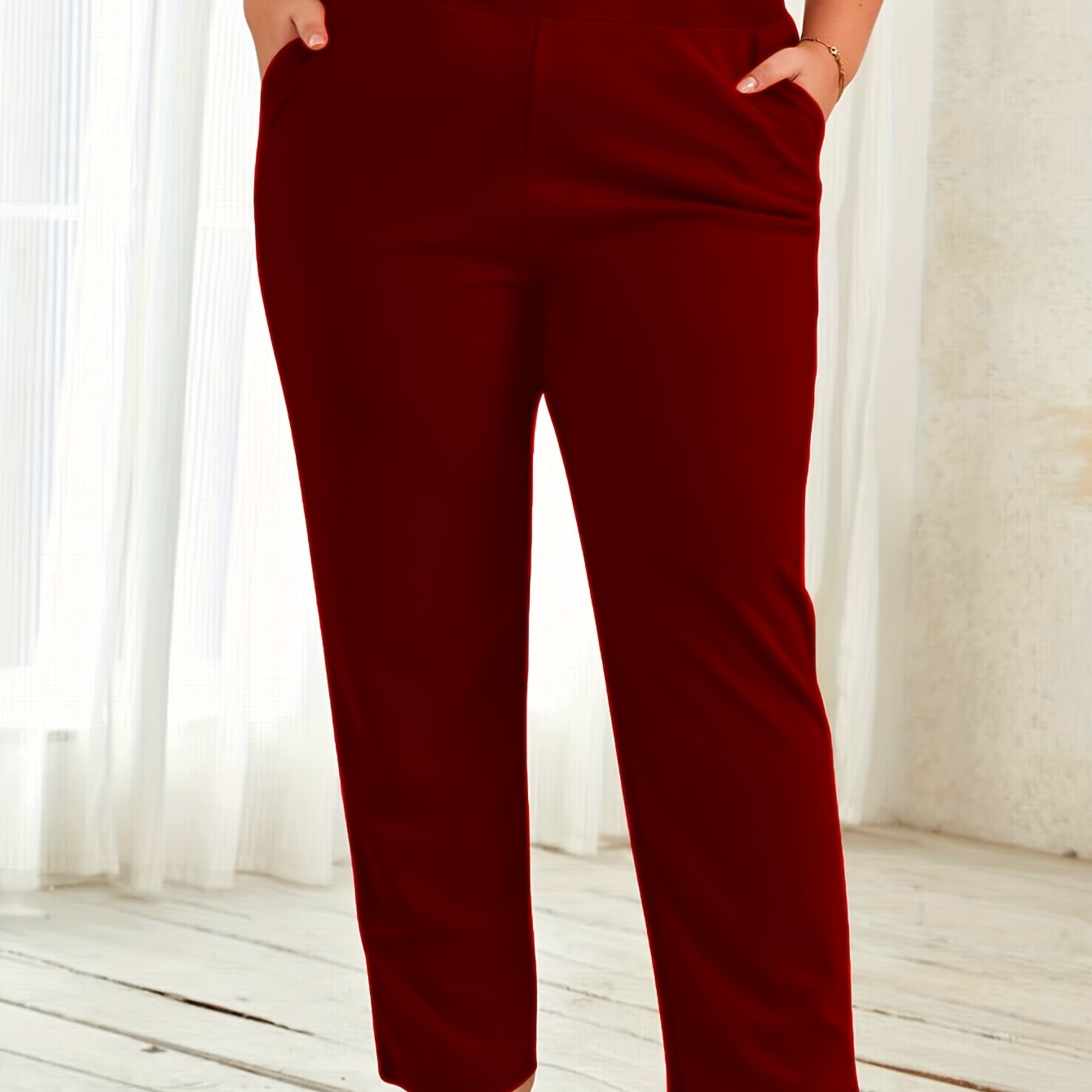 Women Plus Size Stretch Straight-Leg Pants Green Mid-Rise Casual