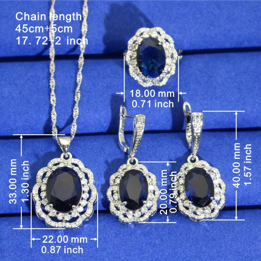Women’s Silver Jewelry Set with Artificial Sapphire Stones for Weddings and Parties