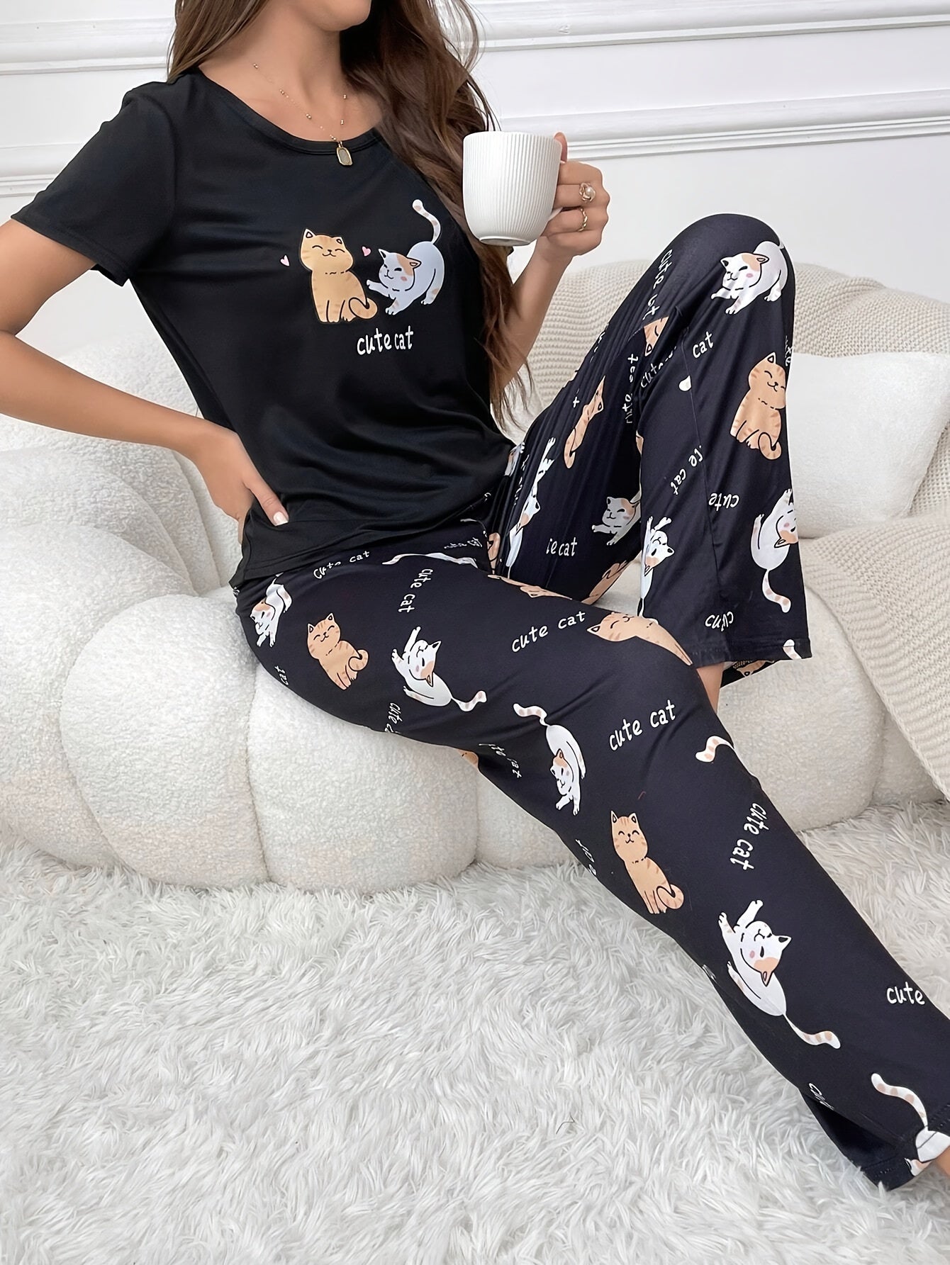 Plus Size Animal Print Polyester Knit Pajama Set for Adults