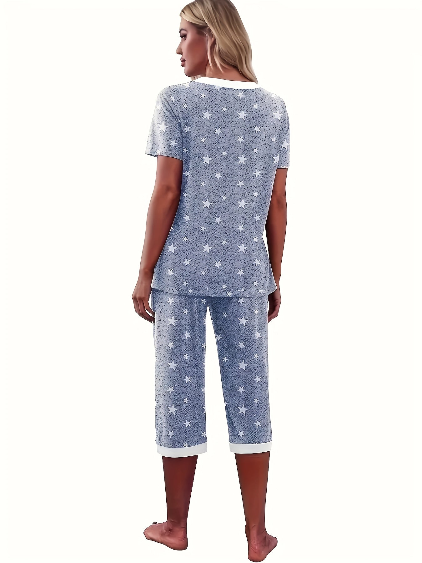 Women's Star Print V-Neck Short Sleeve Loungewear Set with Pockets