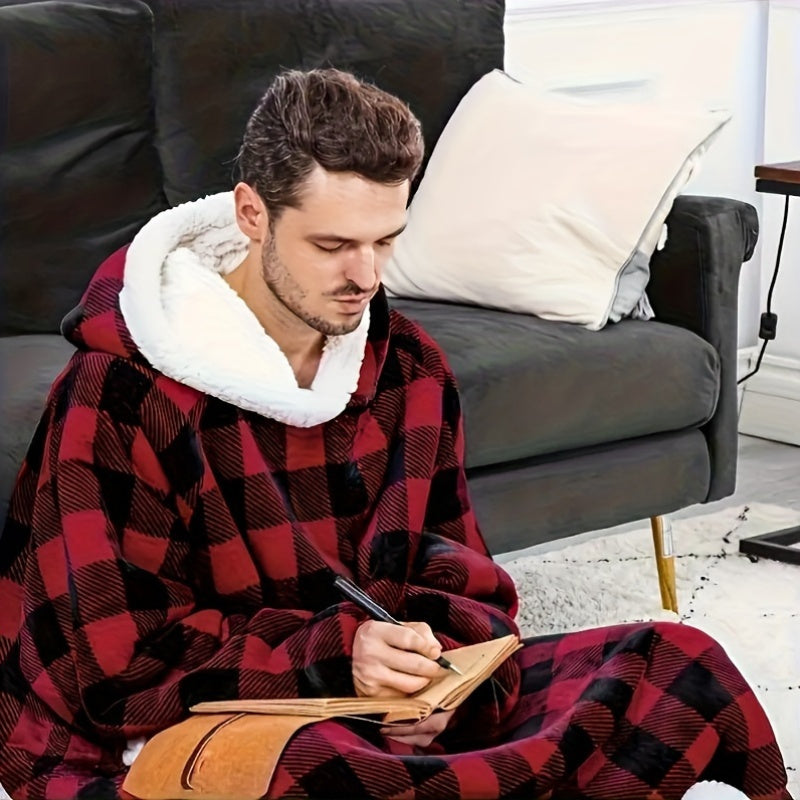 Oversized Plaid Flannel Blanket Hoodie for Couples Digital Octopus Print Stain-Resistant Polyester