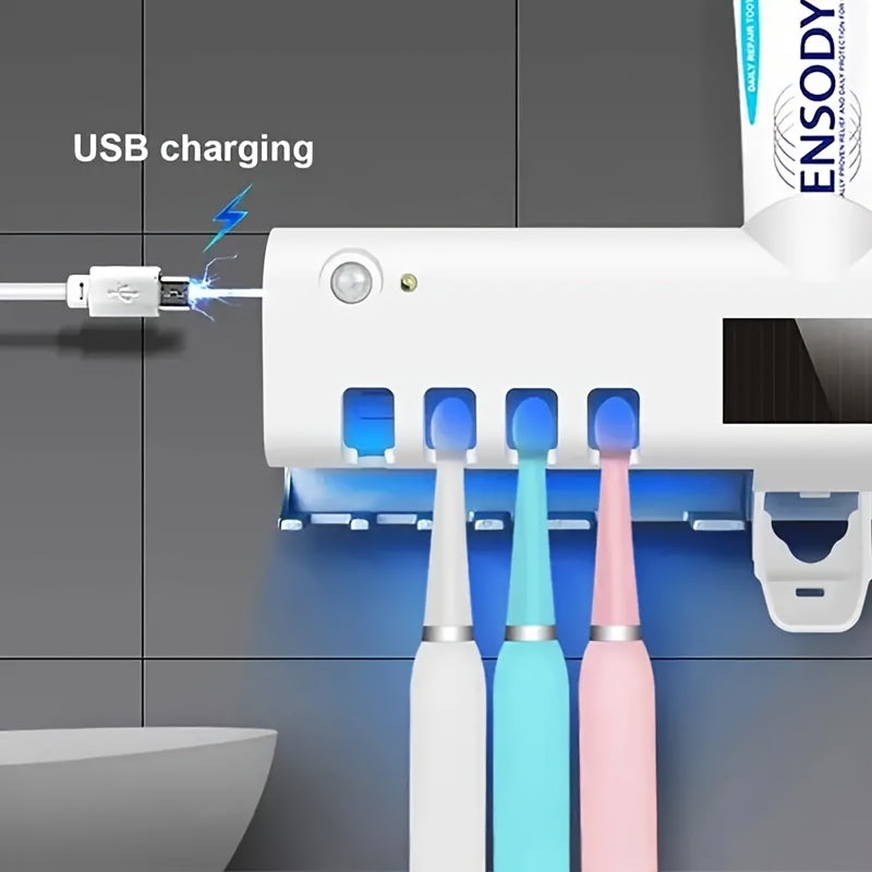 UV Sterilizer Toothbrush Holder Wall Mount with 4 Slots and Toothpaste Dispenser