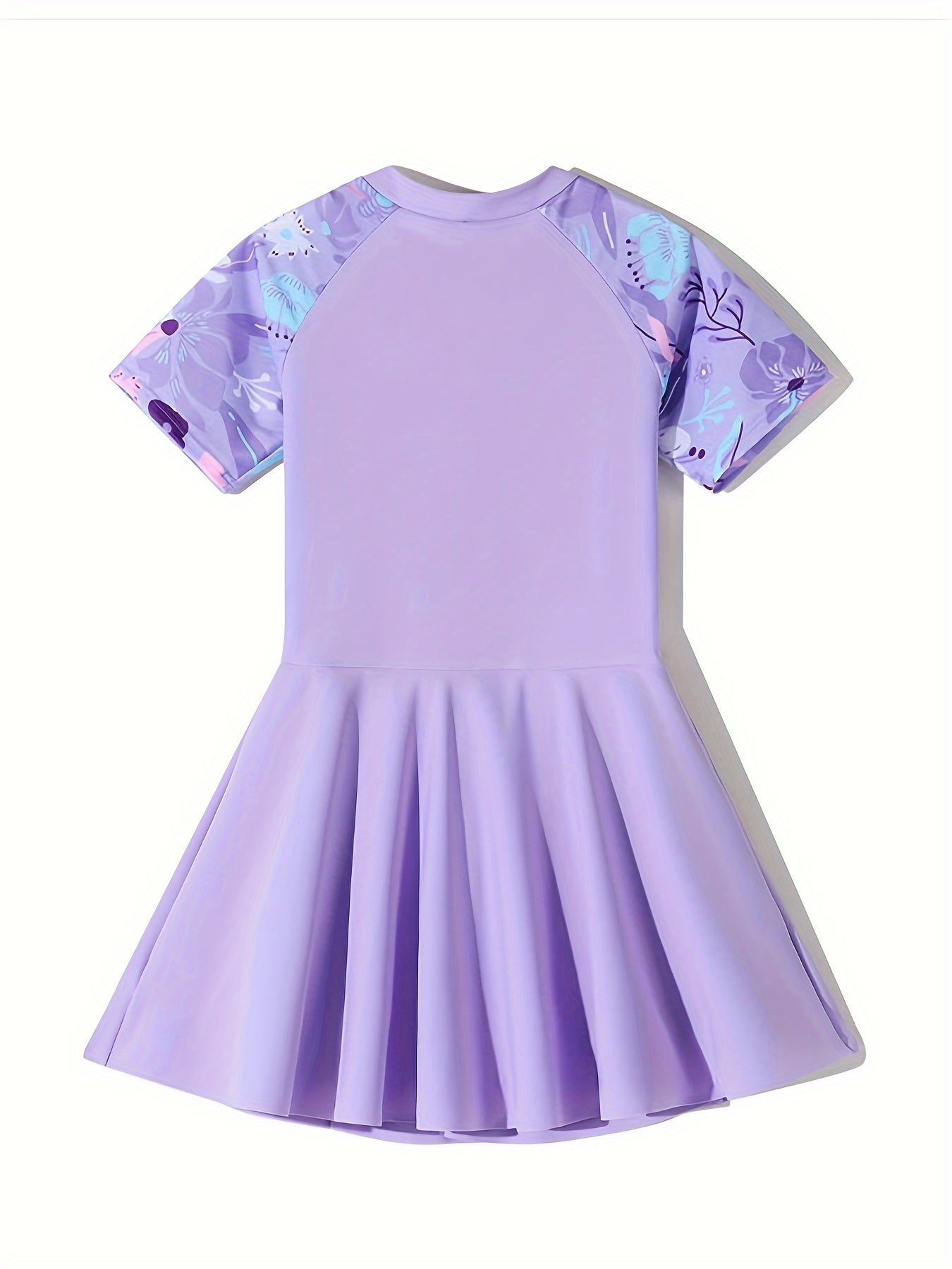 Летний купальник для девочек с коротким рукавом, с цветочным принтом, для возрастов 3-16 лет, с молнией и расклешённым подолом