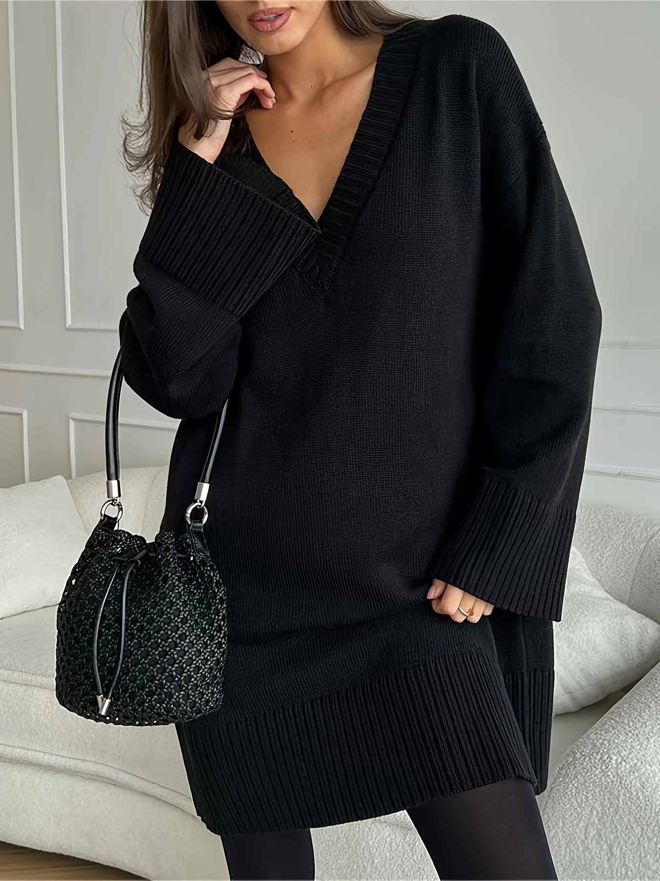 Women's V-Neck Long Sleeve Knitted Sweater Dress In Neutral Color