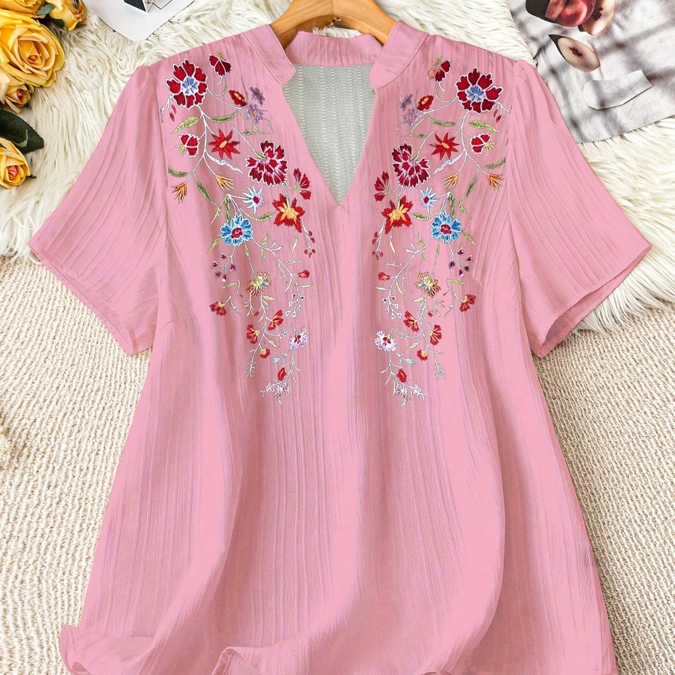 Plus Size Women's Floral Print V-Neck Short Sleeve Blouse Casual Summer White Top