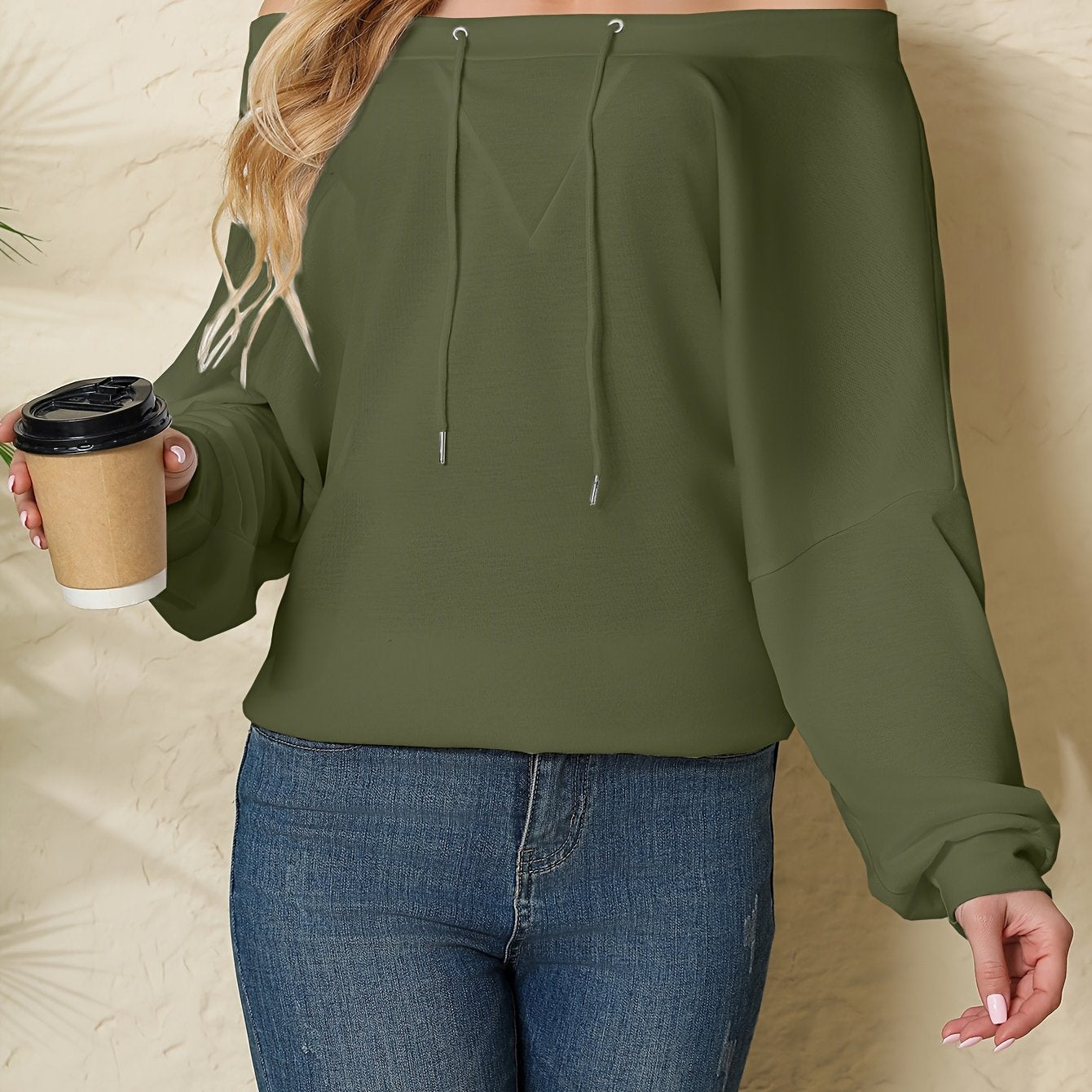 Women’s Polyester Knit Off-Shoulder Pullover Sweatshirt with Drawstring