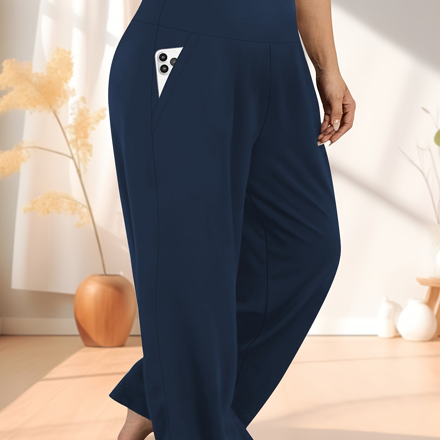 Pantalones de punto de talla grande de cintura alta y pierna ancha, casual, de poliéster, para todas las estaciones