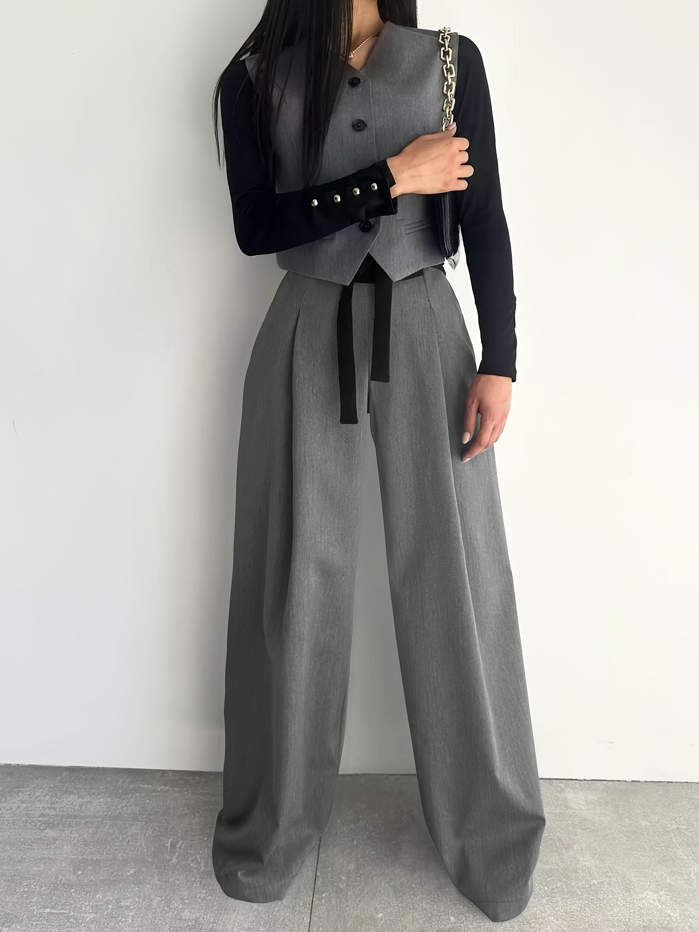 Adult Solid Color Wide Leg Suit with Lace-Up Detail in Polyester