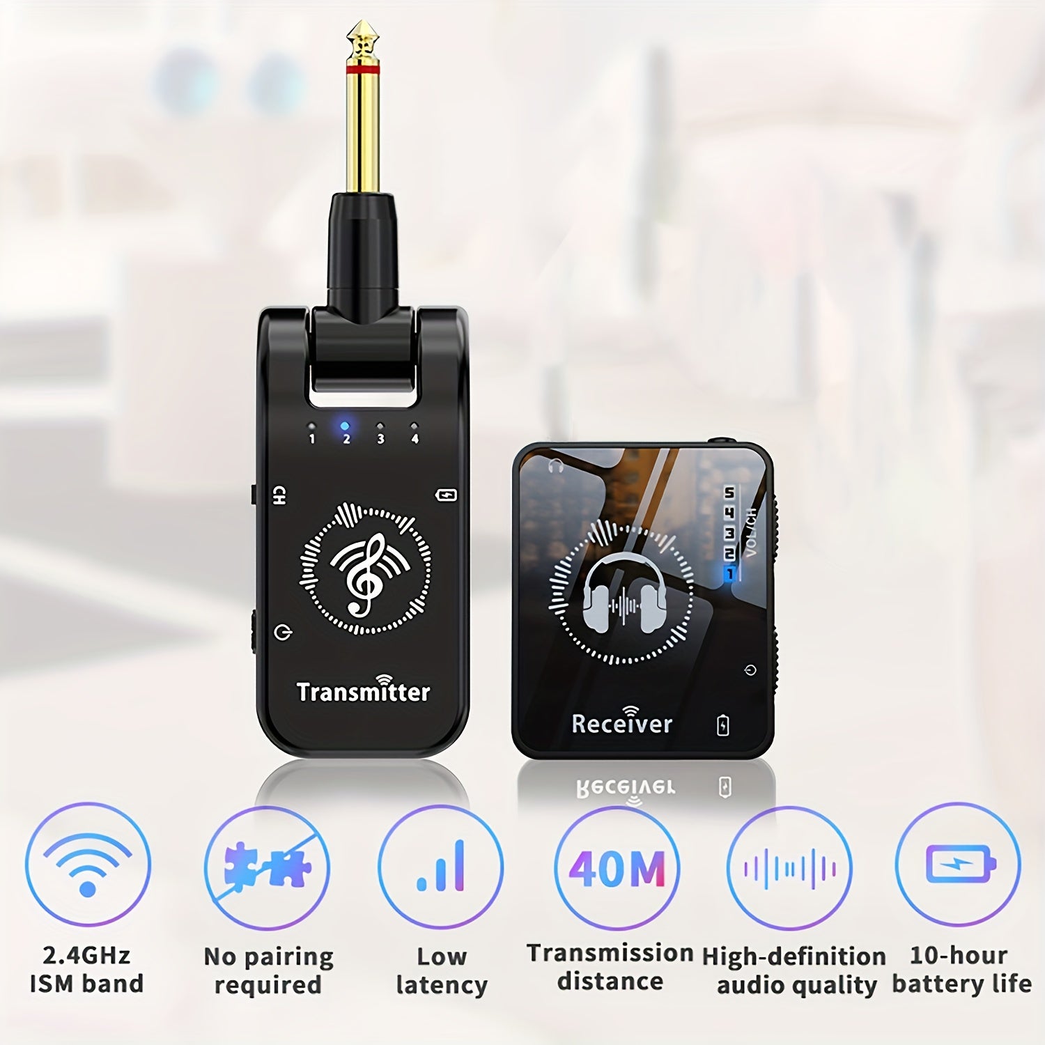 Sahna va guruh ishlatish uchun professional simsiz quloqchin tizimi, ABS materialidan tayyorlangan, yuqori aniqlikdagi audio, past kechikish va uzatkich va qabul qiluvchi uchun uzoq batareya umriga ega.