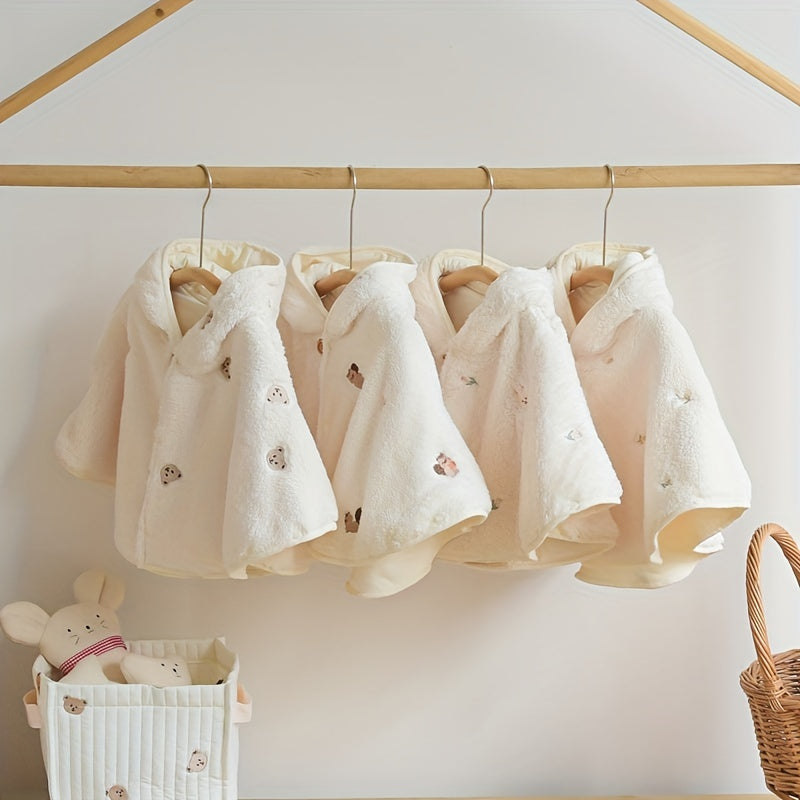 Children's Hooded Cape with Coral Velvet Outer and Linen Inner Windproof Warmth