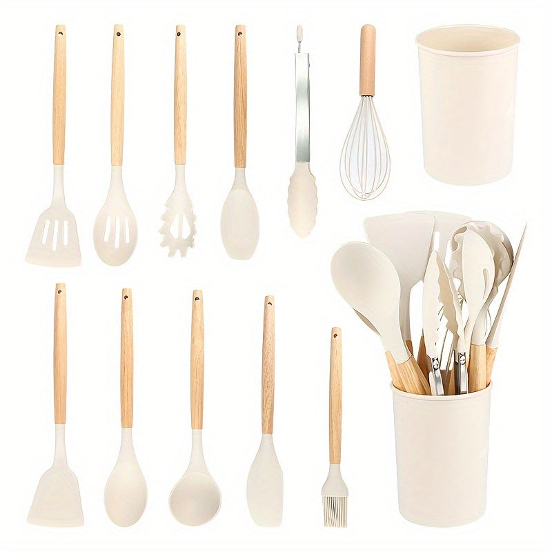 Set of 12 Silicone Kitchen Utensils and Cookware with Wooden Handles